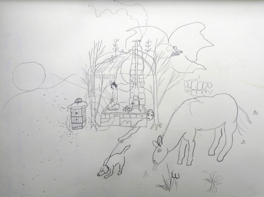Experiment Živý domek ze stromů - kresba meditace