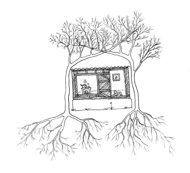 Experiment Živý domek ze stromů - kresba zakrývající varianty živého krovu