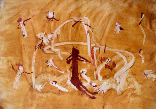 Jan Karpíšek: Děti na hřišti, olej na papíře, 59x84 cm, 2001