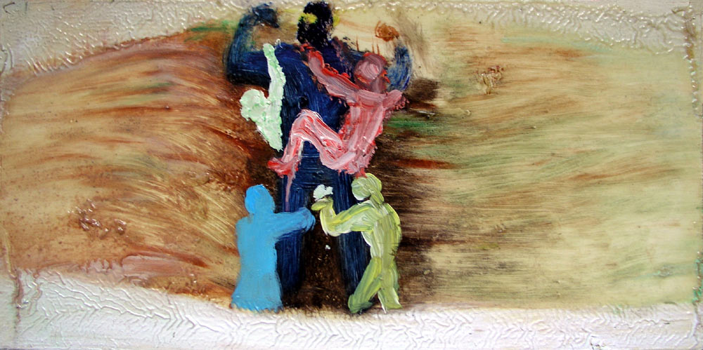 Jan Karpíšek: Obr, olej na dřevě, 19x39 cm, 2004, prodáno v benefiční aukci