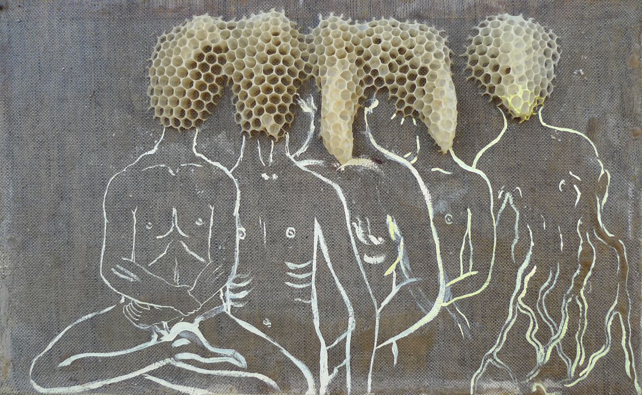 Jan Karpíšek: Hlavičky, kombinovaná technika na plátně, olejomalba a včelí dílo z vosku, 24x39 cm, 2011, soukromá sbírka, ČR
