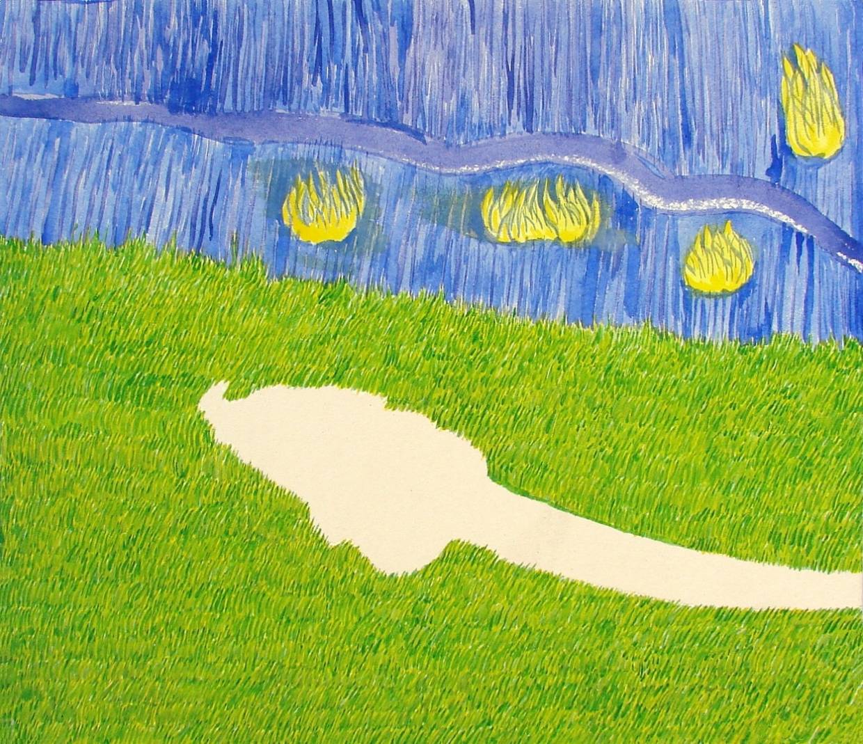 Jan Karpíšek: La Marche du serpent aveugle vers la vérité, čaj a akvarel na lepence, 43x48 cm, 2008