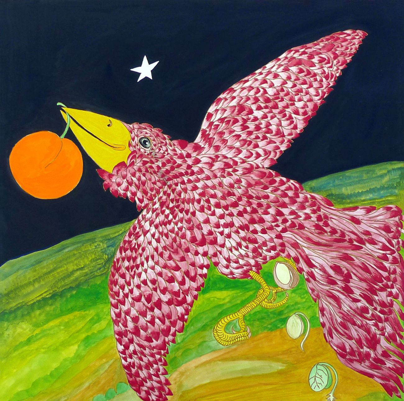 Jan Karpíšek: Pták Ohnivák, akvarel na papíře, 50x50 cm, 2011