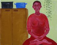 Žena sedí v kuchyni, akryl na plátně, 40x50 cm, 2010, soukromá sbírka, Česká republika
