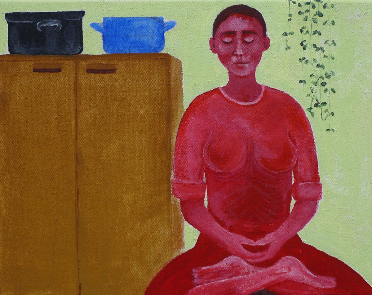Jan Karpíšek: Woman is sitting in the kitchen, acryl on canvas, 40x50 cm, 2010, private collection, Czech Republic