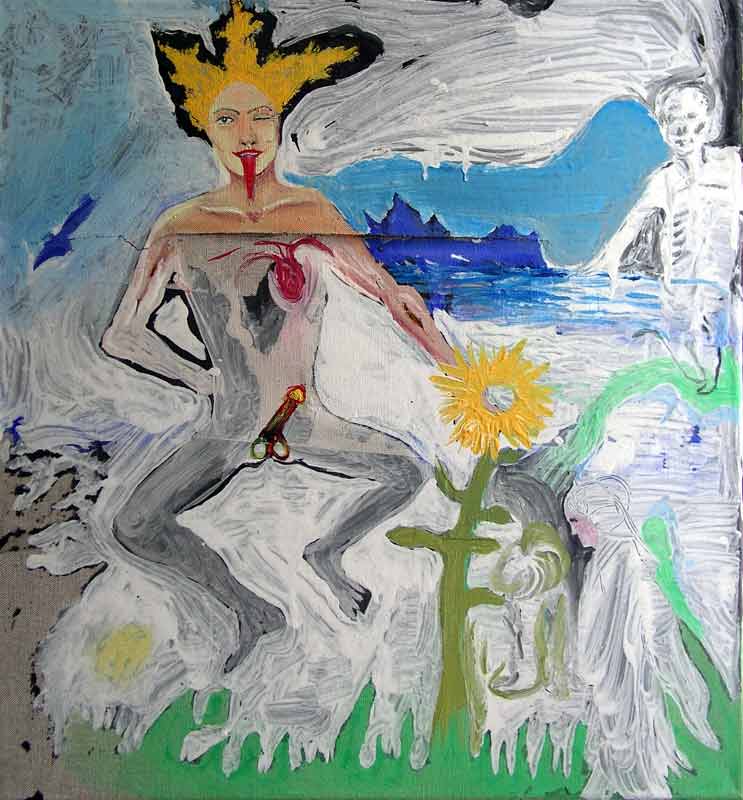 Jan Karpíšek: Xenie, akryl a papír na plátně, 70x55 cm, 2003