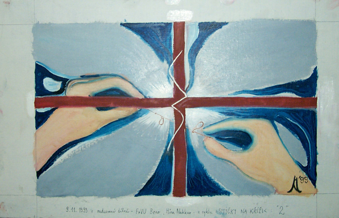 Jan Karpíšek: Ruce (Smyčky na kříži), olej na lepence, asi 20x30cm, 1999