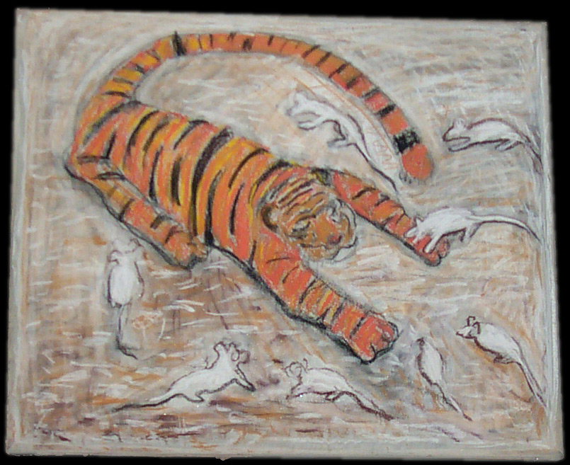 Zenový cyklus obrazů Krocení (buvola) tygra, pastel na plátně vycpaném papírem, 45x54 cm, 2002