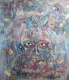 Hmyz a vousáč. Akryl na plátně. 100x85 cm. Inspirováno žitým a žijícím učením Ramany Maharšiho and Nisargadatty Maharadže, advaita védanty (džnánajógy). 2006