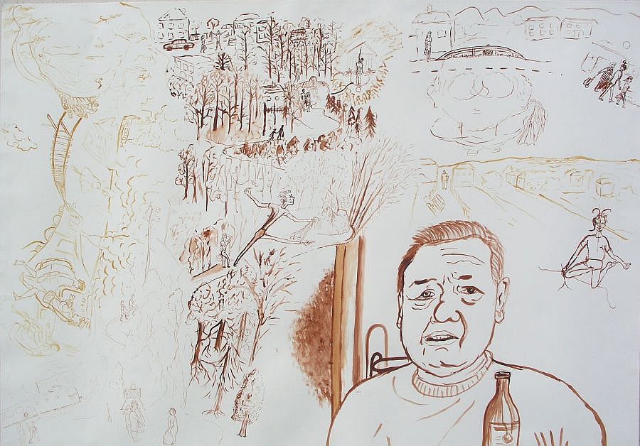 Jan Karpíšek: The High Time (...to know Grandfather), watercolor on paper, 73x102 cm, 2004