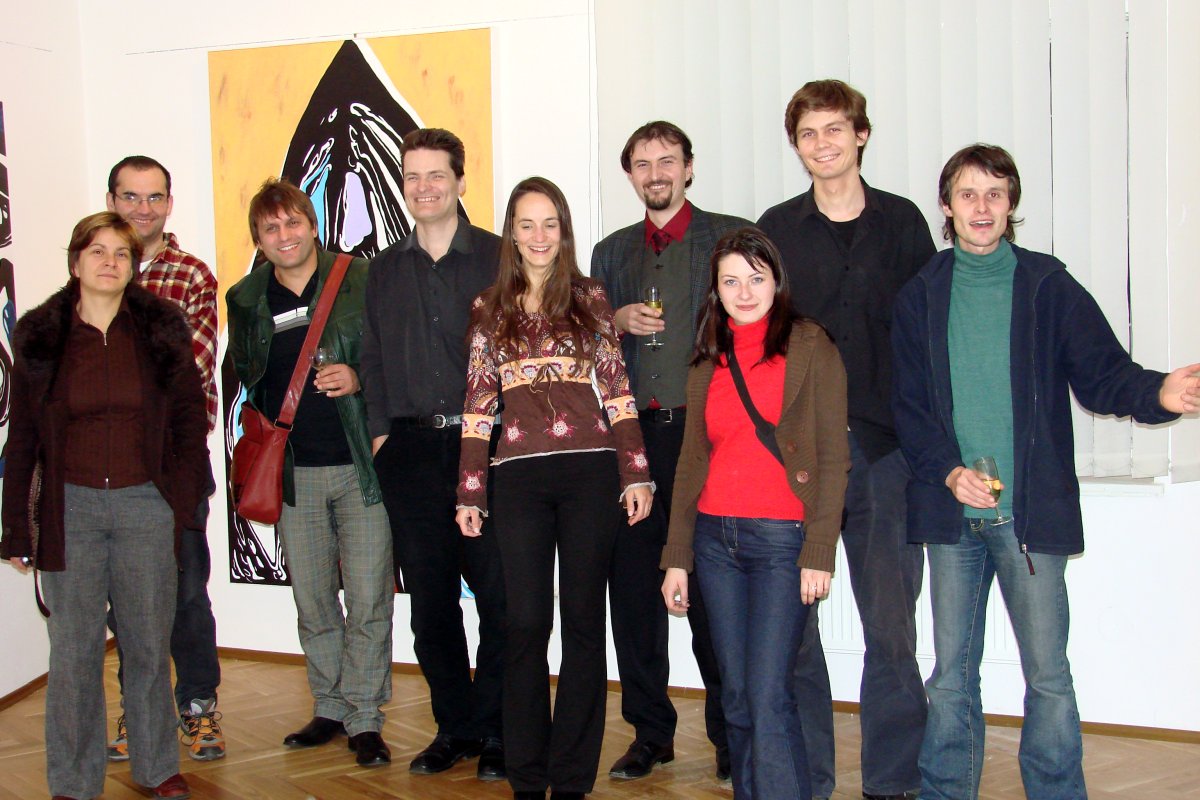 Group photo of participating artists, art exhibition Stuck in the Middle of November opening 14.11.2007 Topič's Salon Národní 9 Prague