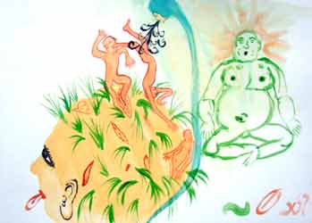 Traviny a zelený buddha. Akvarel na papíře. 2006. A4 velikost.