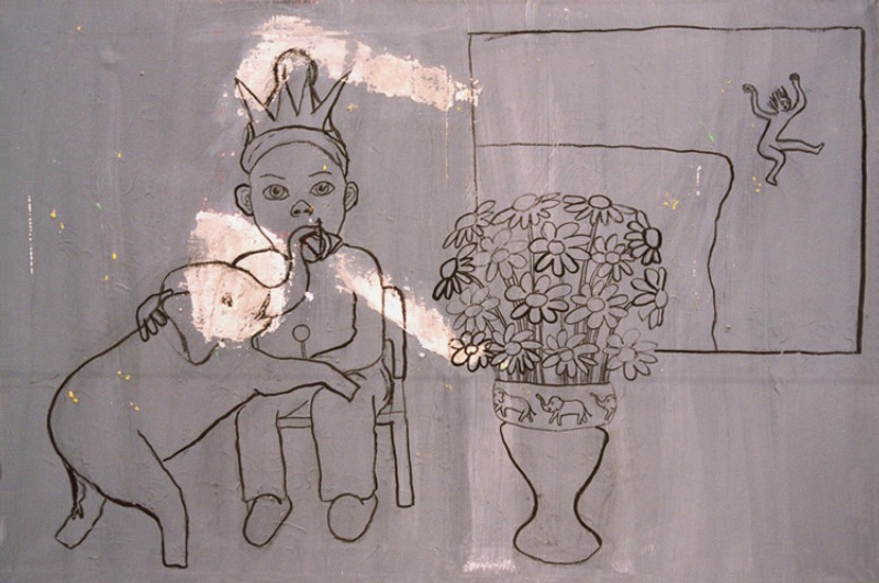 Podzimní slon, latex a tuš na plátně, 73x110 cm, 2002