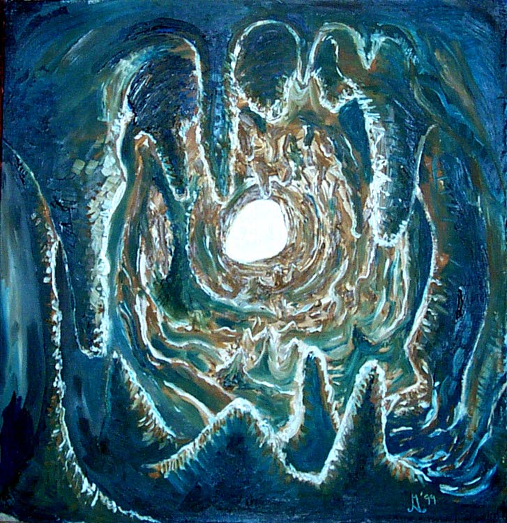 Jeskyně, olej na lepence, 25x25 cm, 1999, soukromá sbírka, ČR