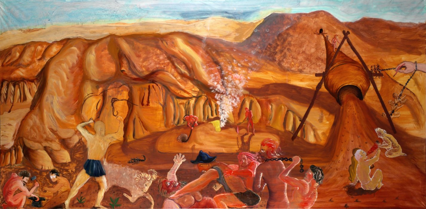 Mars č.2 (Svár zpracovatelů železa na Marsu), akryl a olej na papíře, 2004, Národní Galerie v Praze