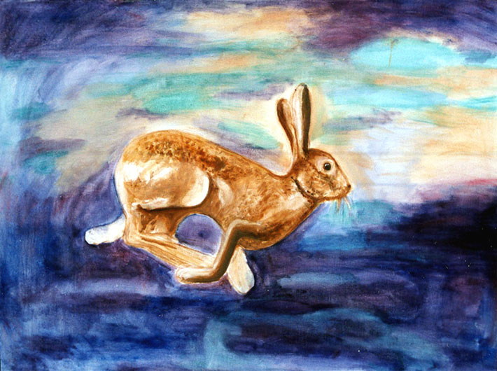 Zajíc, olej na plátně, 70x110 cm, 2001, přemalováno