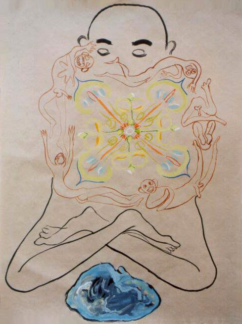 Jan Karpíšek: Meditující, tempera na papíře, 81x61 cm, 2001