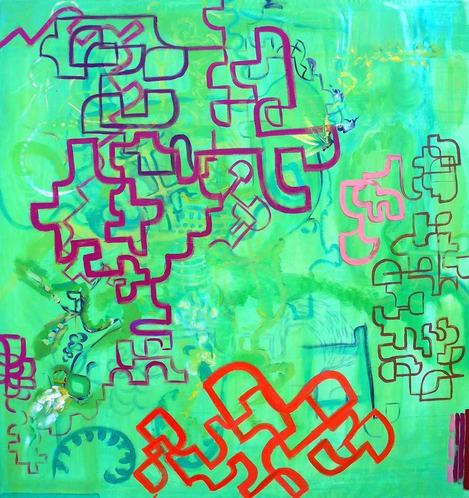 Jan Karpíšek: Stopování v zelené, akryl na plátně, 135x125 cm, 2005