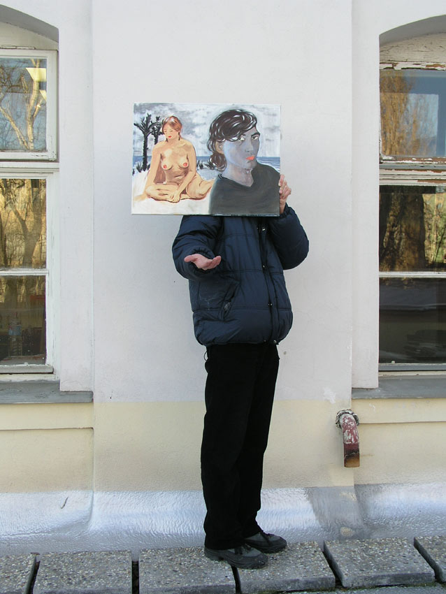 Jan Karpíšek: Performance s obrazem Palmy (Ostrov), olej na plátně, 40x60 cm, stav 2004