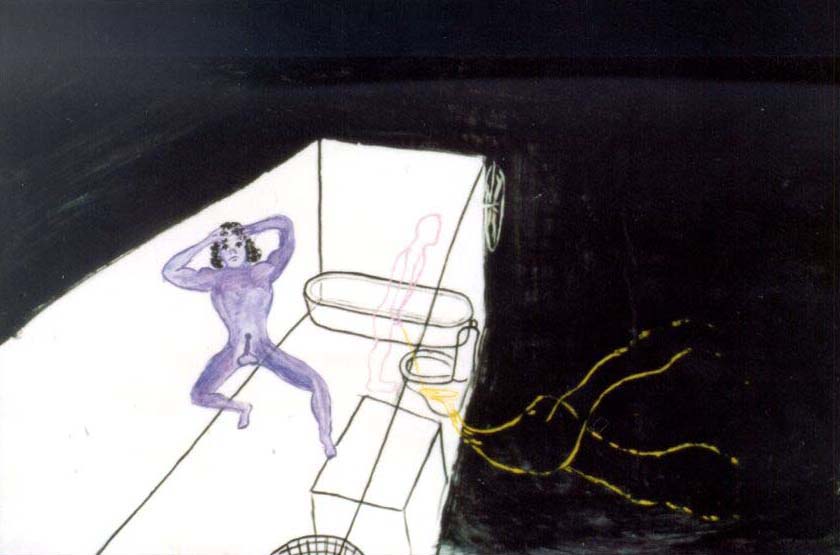 Jan Karpíšek:  Cestuji časoprostorem - Šílenství, tempera na papíře, 120x199 cm, 2001, soukromá sbírka, USA