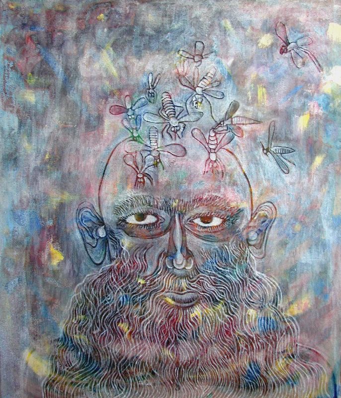 Jan Karpíšek: Insect and The Bearded Man, acrylic on canvas, 100x85 cm, 2006, private collection, Czech Republic