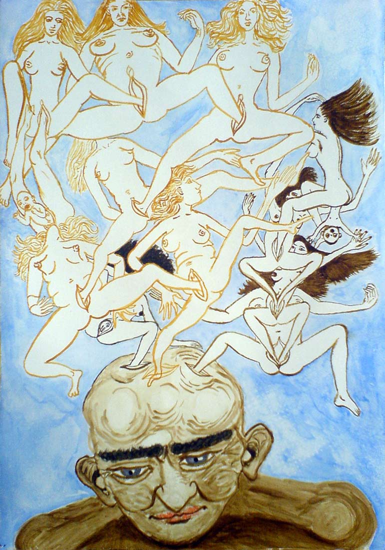 Jan Karpíšek: Porody myšlenek, 29x21 cm (A4), akvarel na papíře, 2006, soukromá sbírka, Česká republika